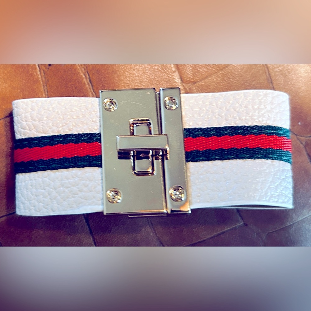 White Leather Cuff Bracelet with center stripe and Gold Turn-lock Clasp